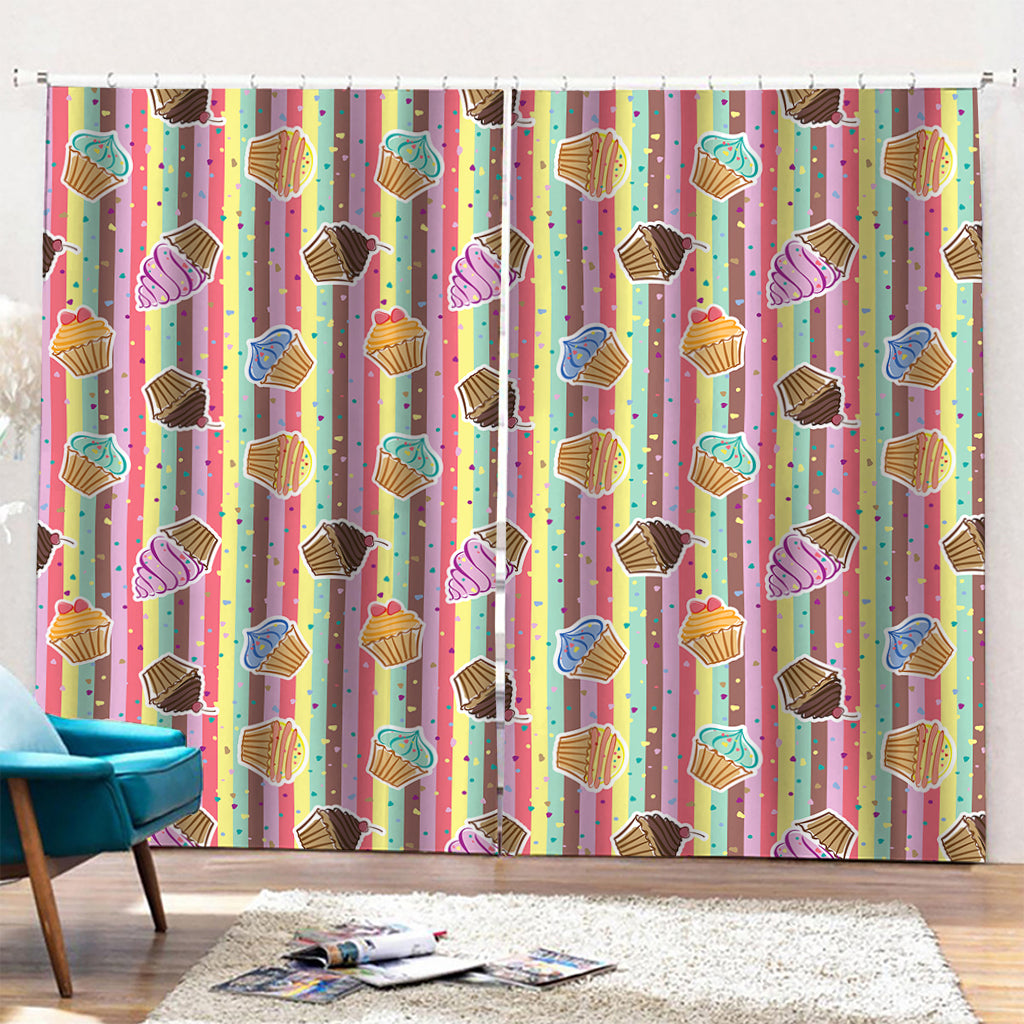 Pastel Striped Cupcake Pattern Print Pencil Pleat Curtains