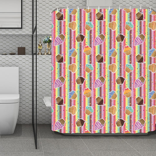 Pastel Striped Cupcake Pattern Print Polyester Shower Curtain