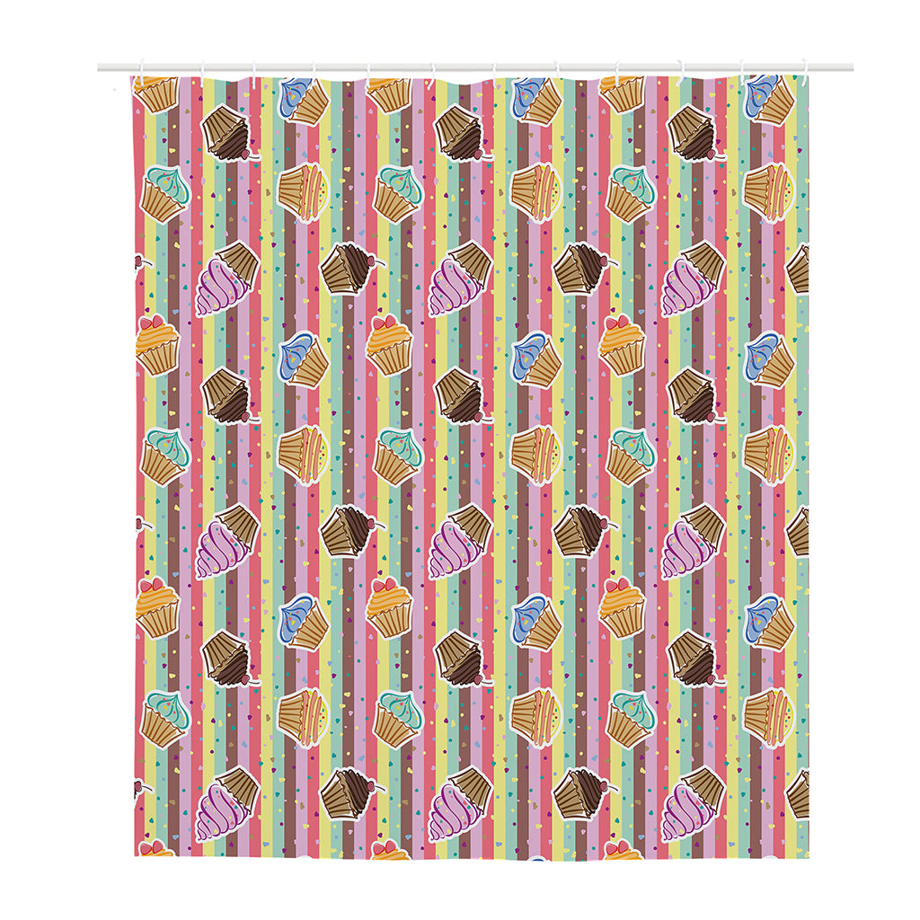 Pastel Striped Cupcake Pattern Print Polyester Shower Curtain