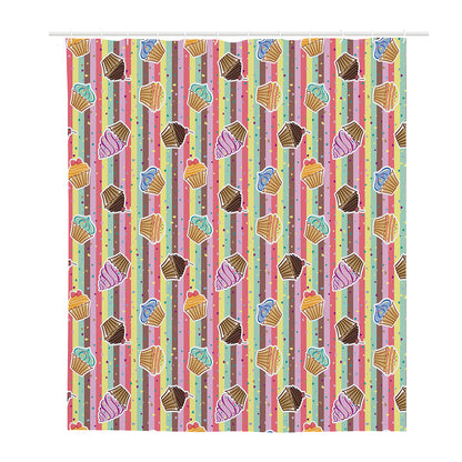Pastel Striped Cupcake Pattern Print Polyester Shower Curtain