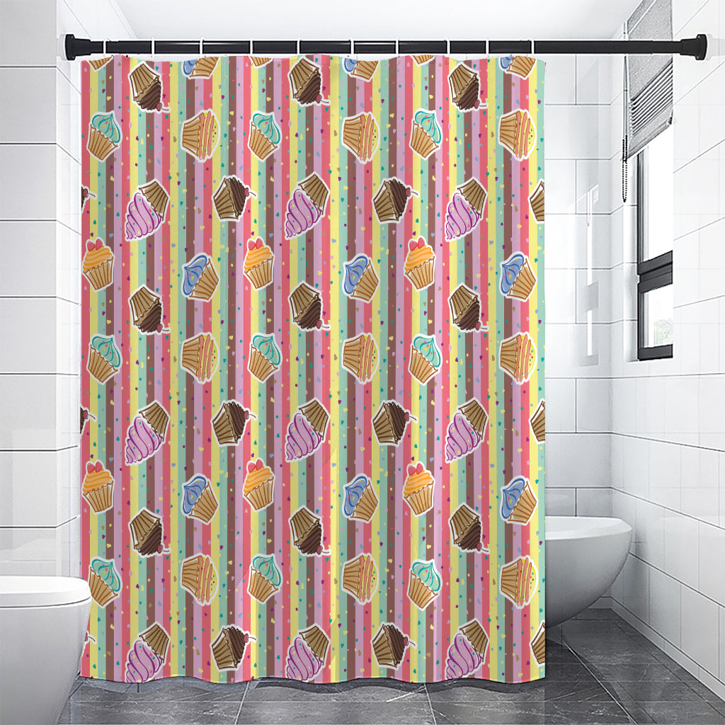 Pastel Striped Cupcake Pattern Print Premium Shower Curtain