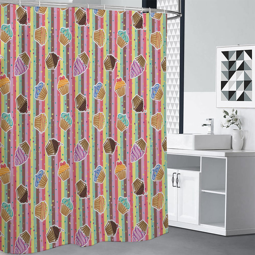 Pastel Striped Cupcake Pattern Print Premium Shower Curtain