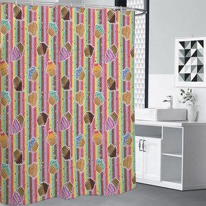 Pastel Striped Cupcake Pattern Print Premium Shower Curtain