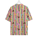 Pastel Striped Cupcake Pattern Print Rayon Hawaiian Shirt