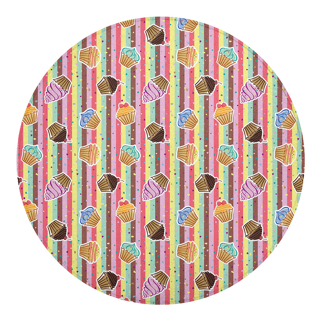 Pastel Striped Cupcake Pattern Print Round Blanket