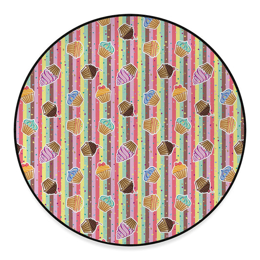Pastel Striped Cupcake Pattern Print Round Floor Mat