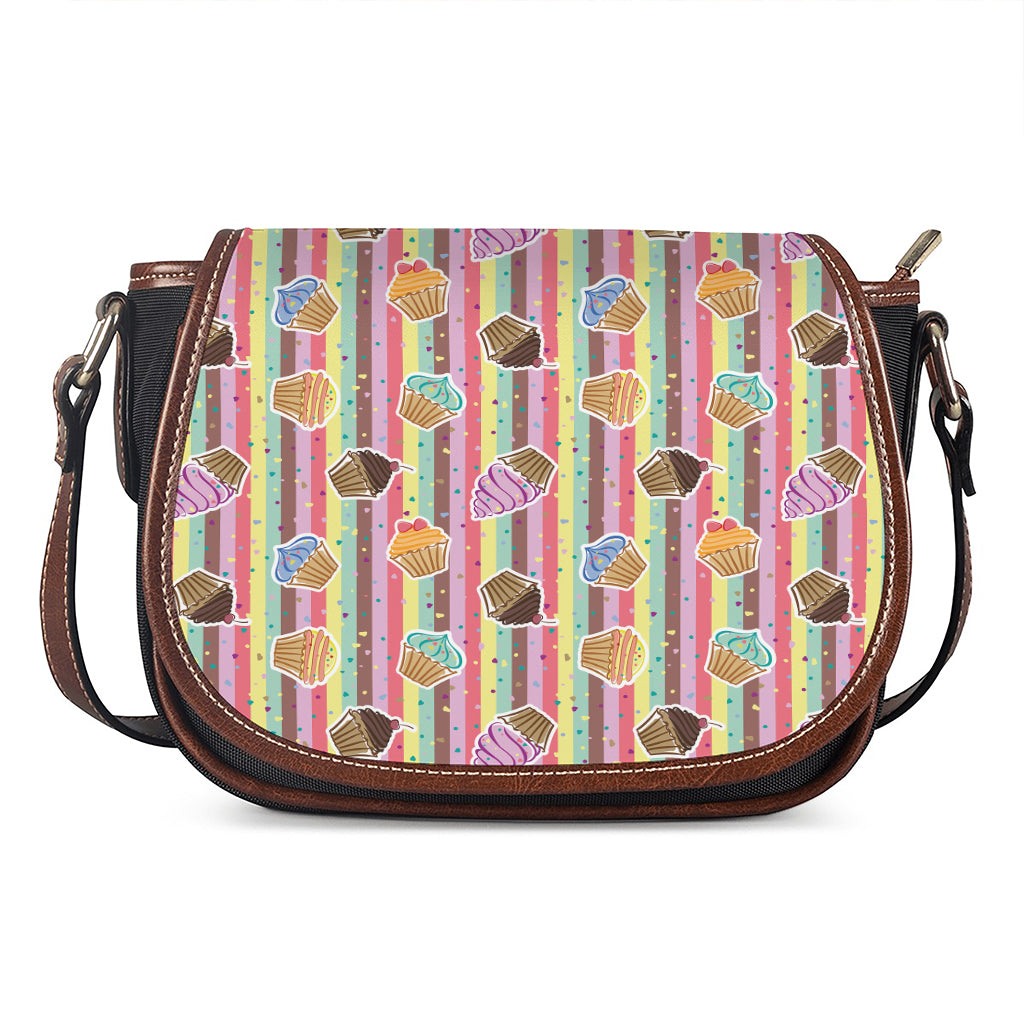 Pastel Striped Cupcake Pattern Print Saddle Bag