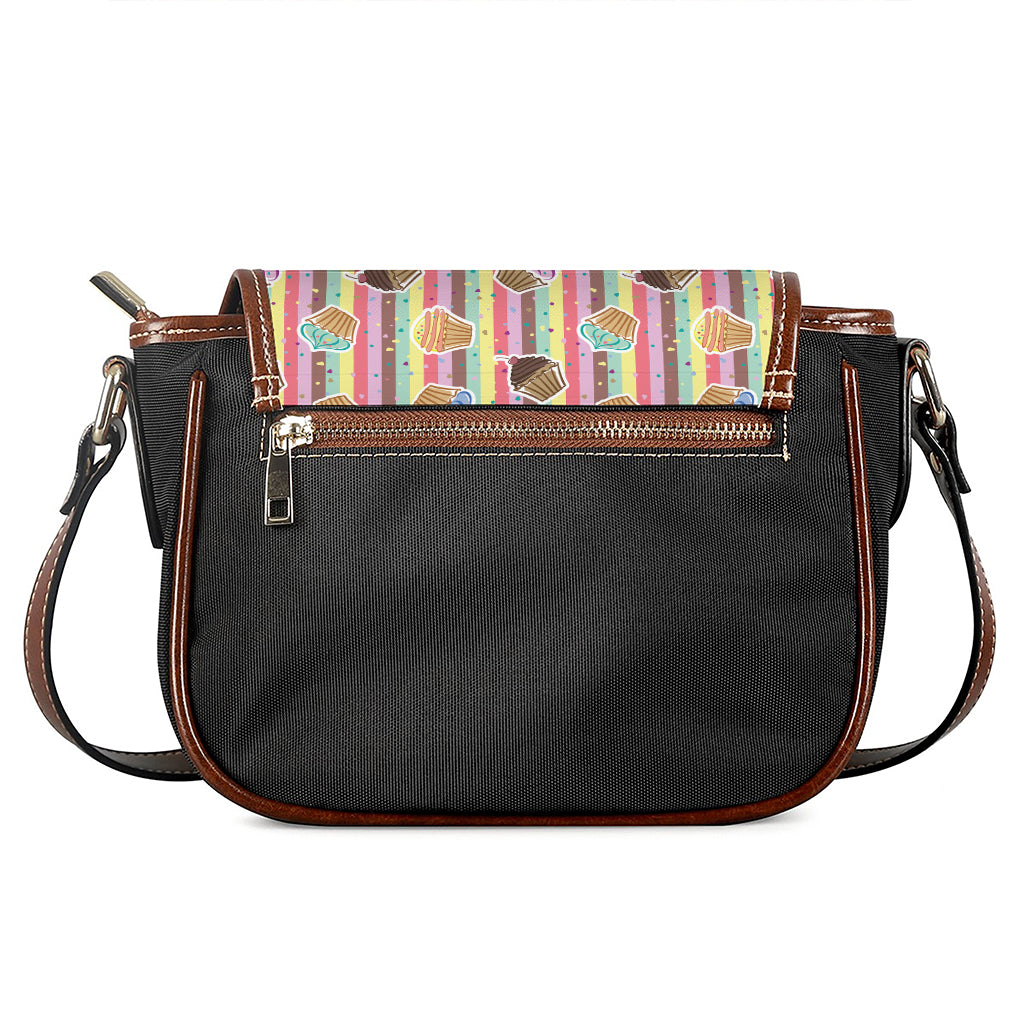 Pastel Striped Cupcake Pattern Print Saddle Bag