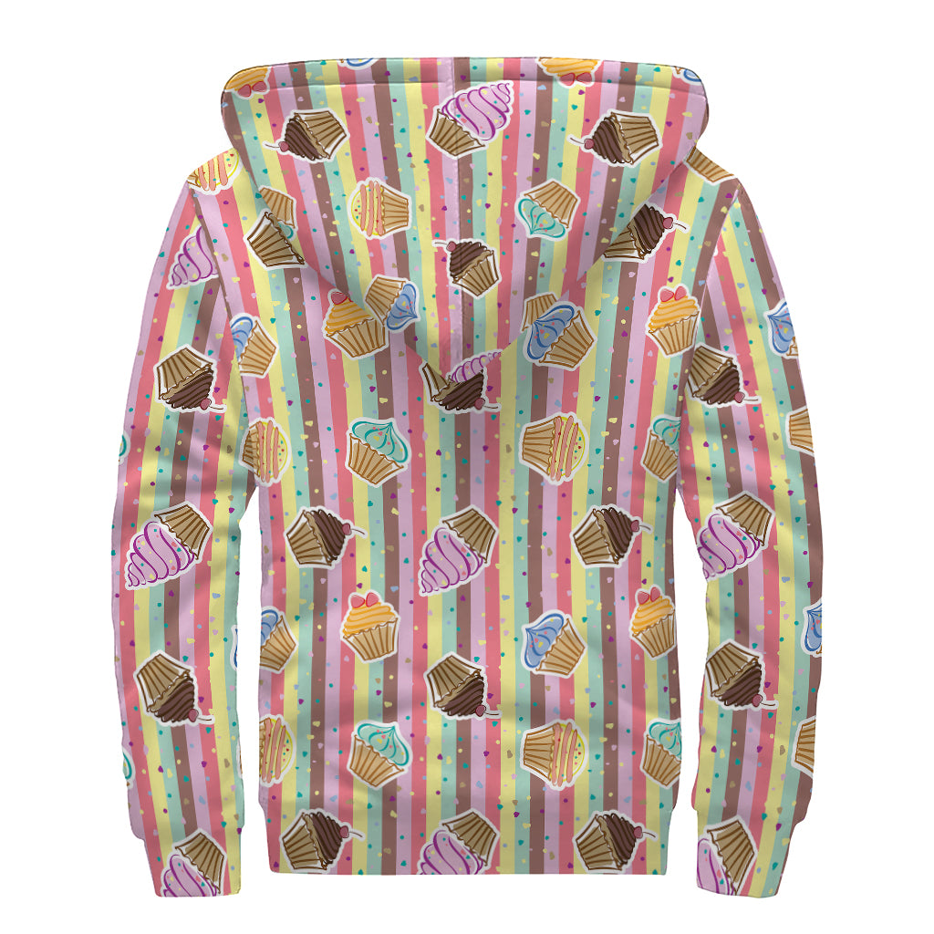 Pastel Striped Cupcake Pattern Print Sherpa Lined Zip Up Hoodie
