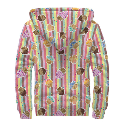 Pastel Striped Cupcake Pattern Print Sherpa Lined Zip Up Hoodie