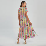 Pastel Striped Cupcake Pattern Print Short Sleeve Maxi Dress