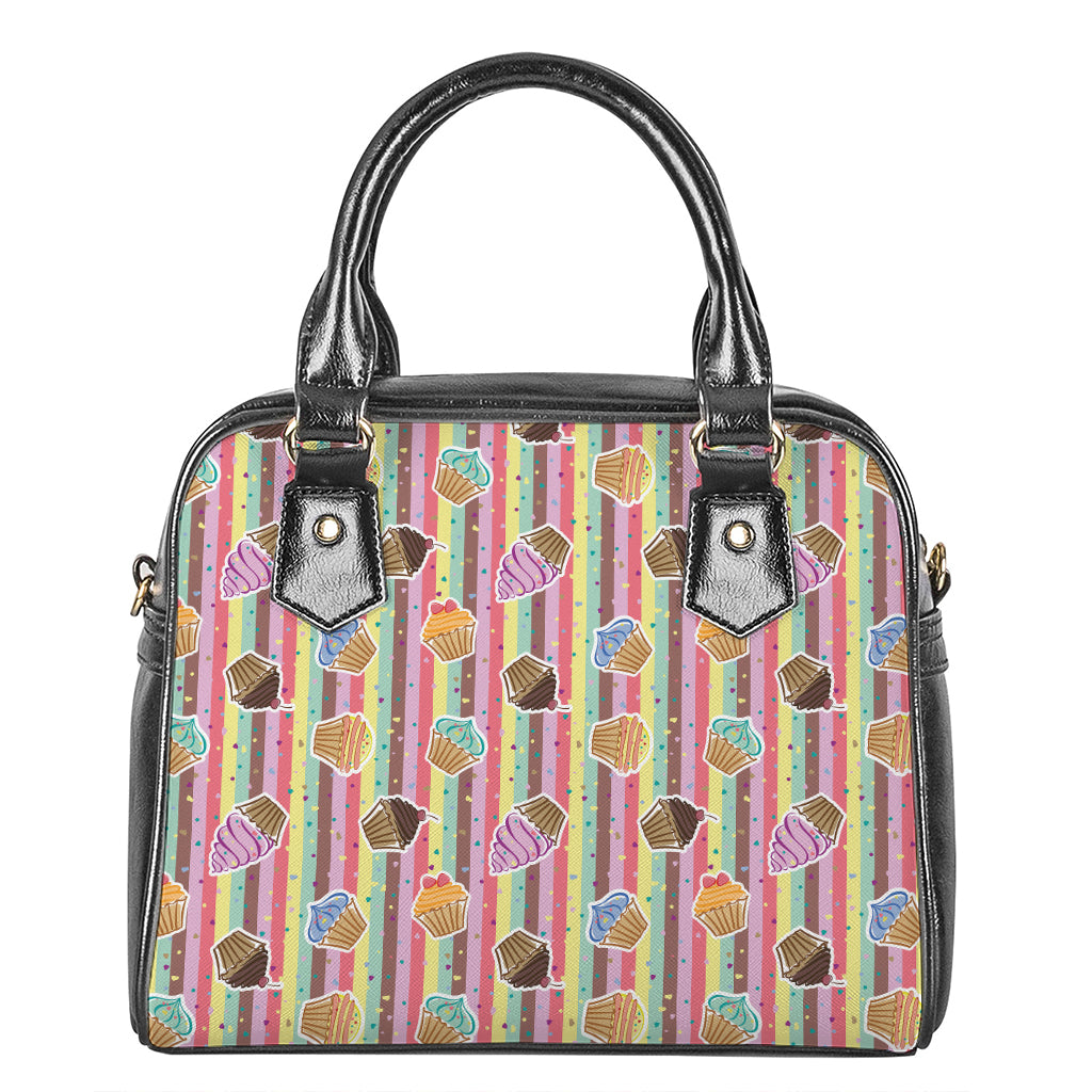 Pastel Striped Cupcake Pattern Print Shoulder Handbag