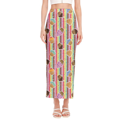 Pastel Striped Cupcake Pattern Print Side Slit Maxi Skirt