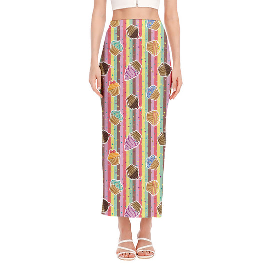 Pastel Striped Cupcake Pattern Print Side Slit Maxi Skirt