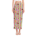 Pastel Striped Cupcake Pattern Print Side Slit Maxi Skirt