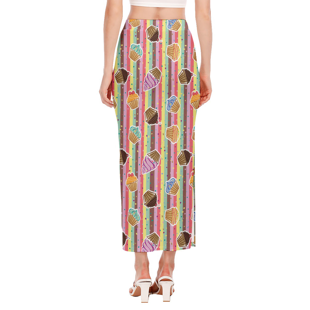 Pastel Striped Cupcake Pattern Print Side Slit Maxi Skirt