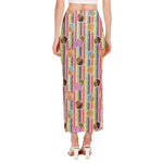 Pastel Striped Cupcake Pattern Print Side Slit Maxi Skirt