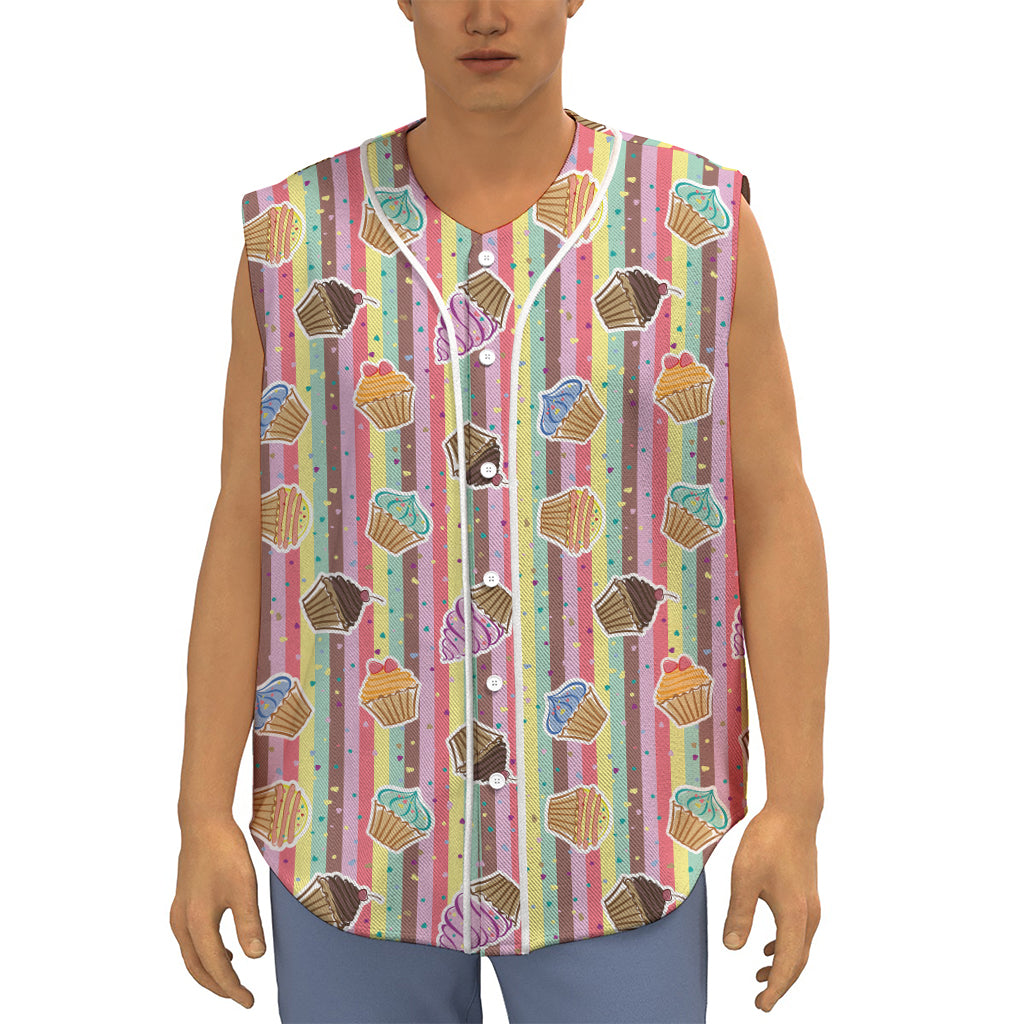 Pastel Striped Cupcake Pattern Print Sleeveless Baseball Jersey