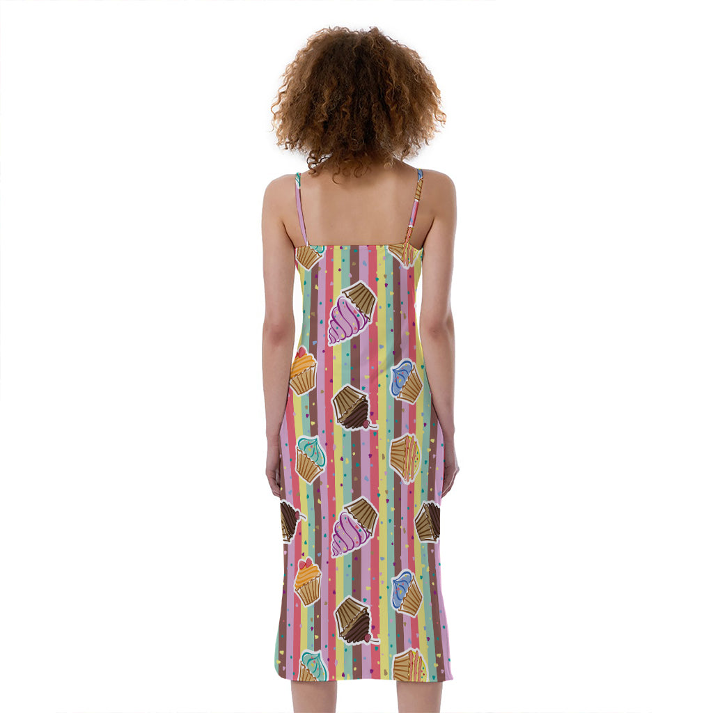 Pastel Striped Cupcake Pattern Print Slim Fit Midi Cami Dress