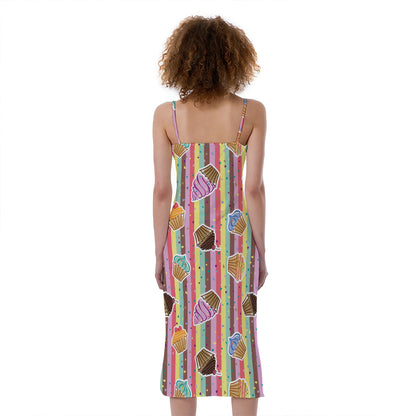 Pastel Striped Cupcake Pattern Print Slim Fit Midi Cami Dress