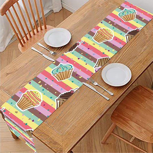 Pastel Striped Cupcake Pattern Print Table Runner