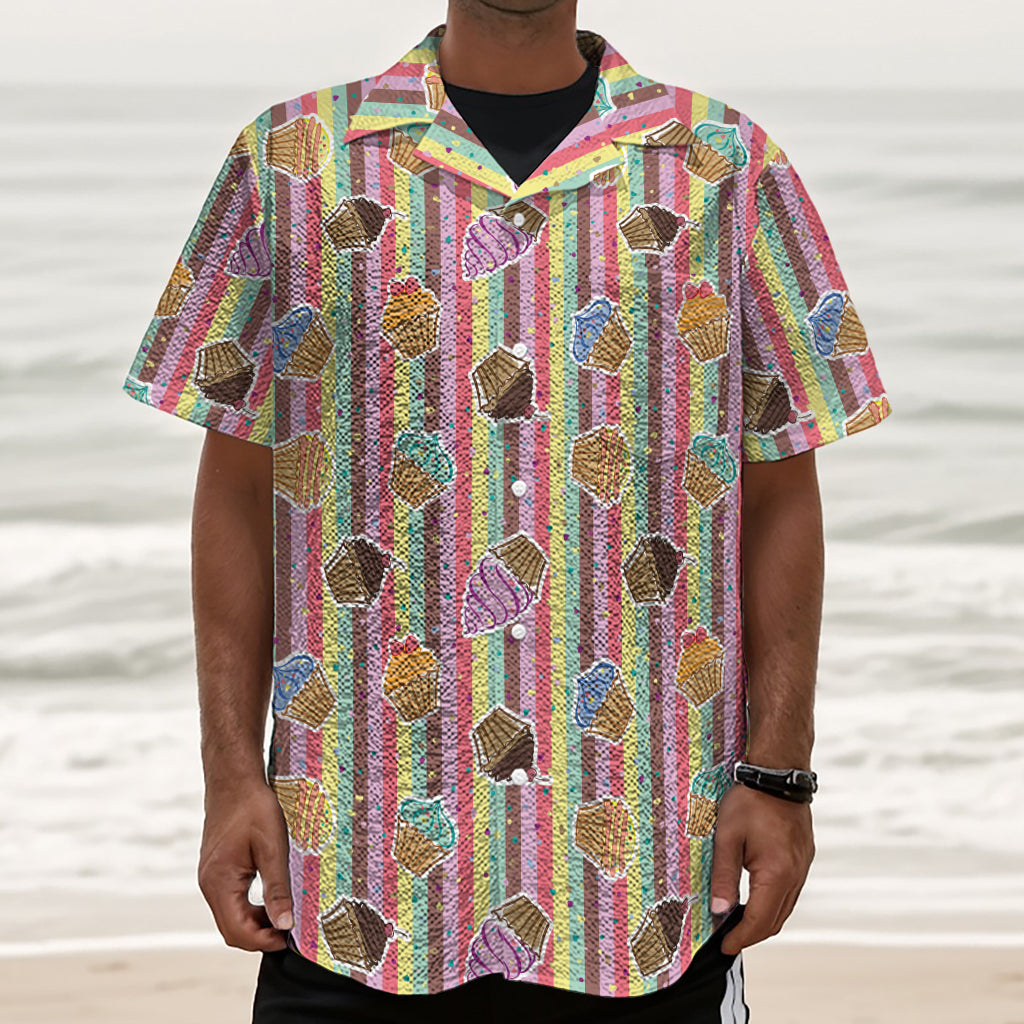 Pastel Striped Cupcake Pattern Print Textured Short Sleeve Shirt