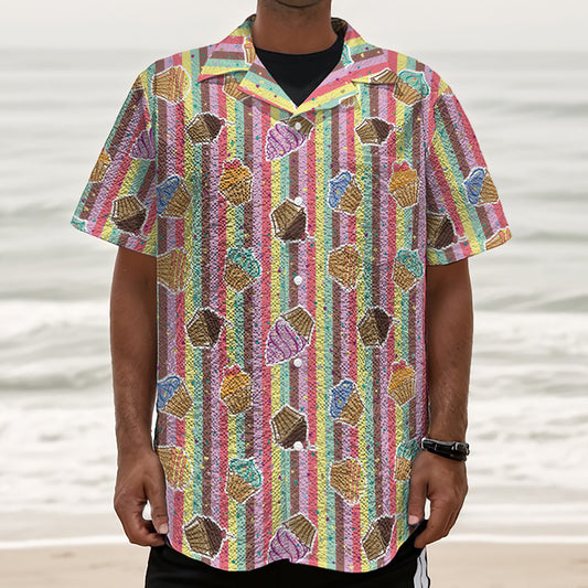 Pastel Striped Cupcake Pattern Print Textured Short Sleeve Shirt
