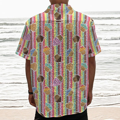 Pastel Striped Cupcake Pattern Print Textured Short Sleeve Shirt