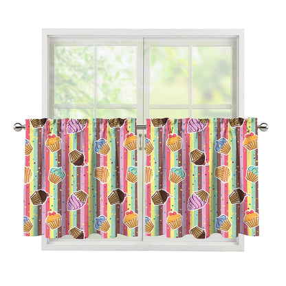 Pastel Striped Cupcake Pattern Print Tier Curtains