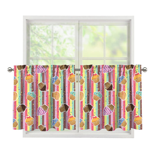 Pastel Striped Cupcake Pattern Print Tier Curtains