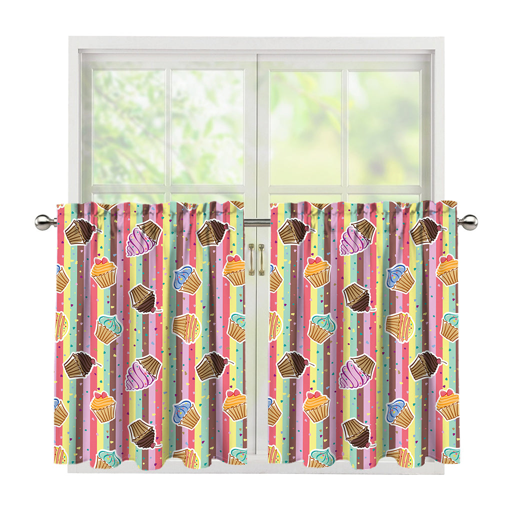 Pastel Striped Cupcake Pattern Print Tier Curtains