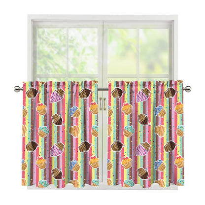 Pastel Striped Cupcake Pattern Print Tier Curtains