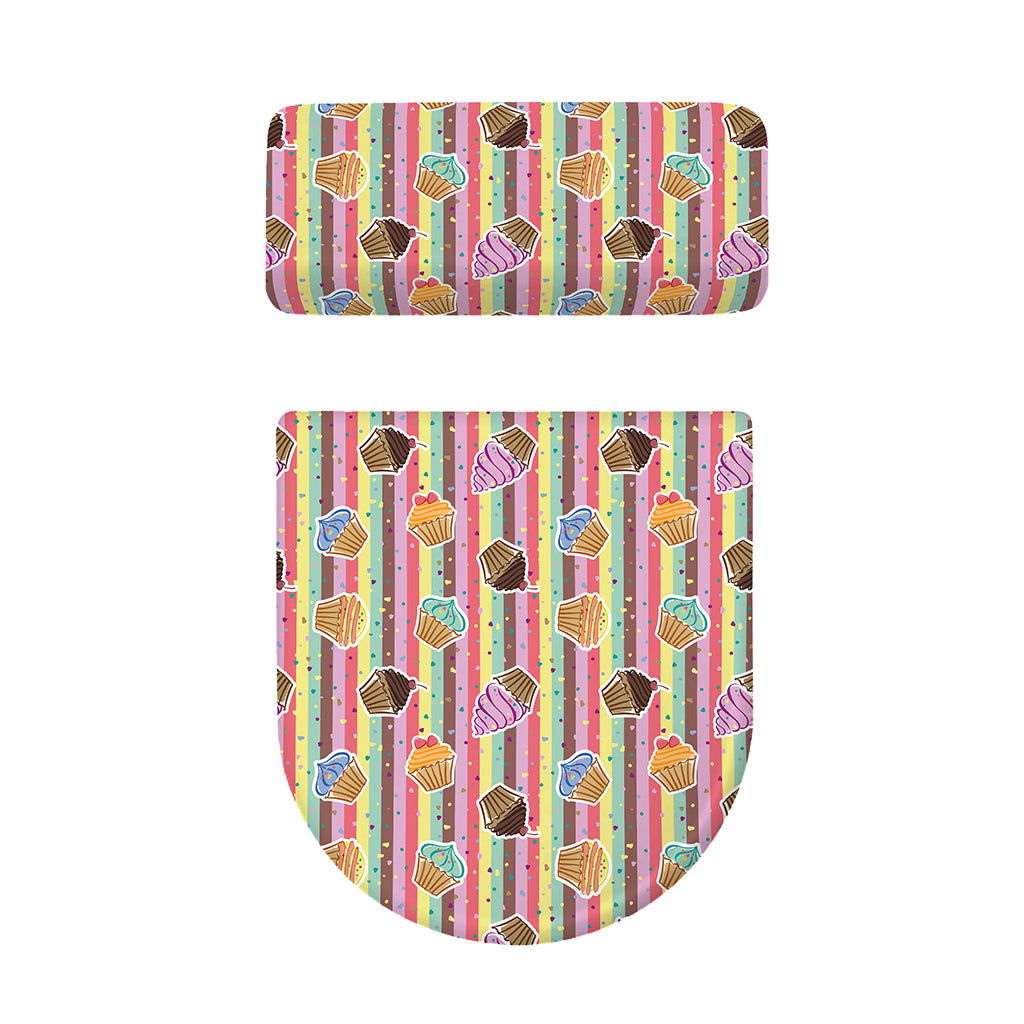 Pastel Striped Cupcake Pattern Print Toilet Lid And Tank Cover Set