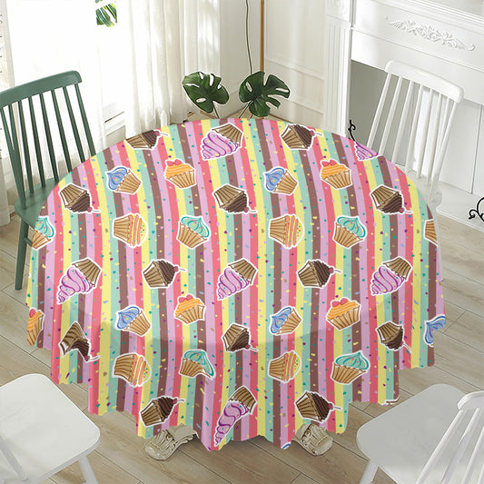 Pastel Striped Cupcake Pattern Print Waterproof Round Tablecloth