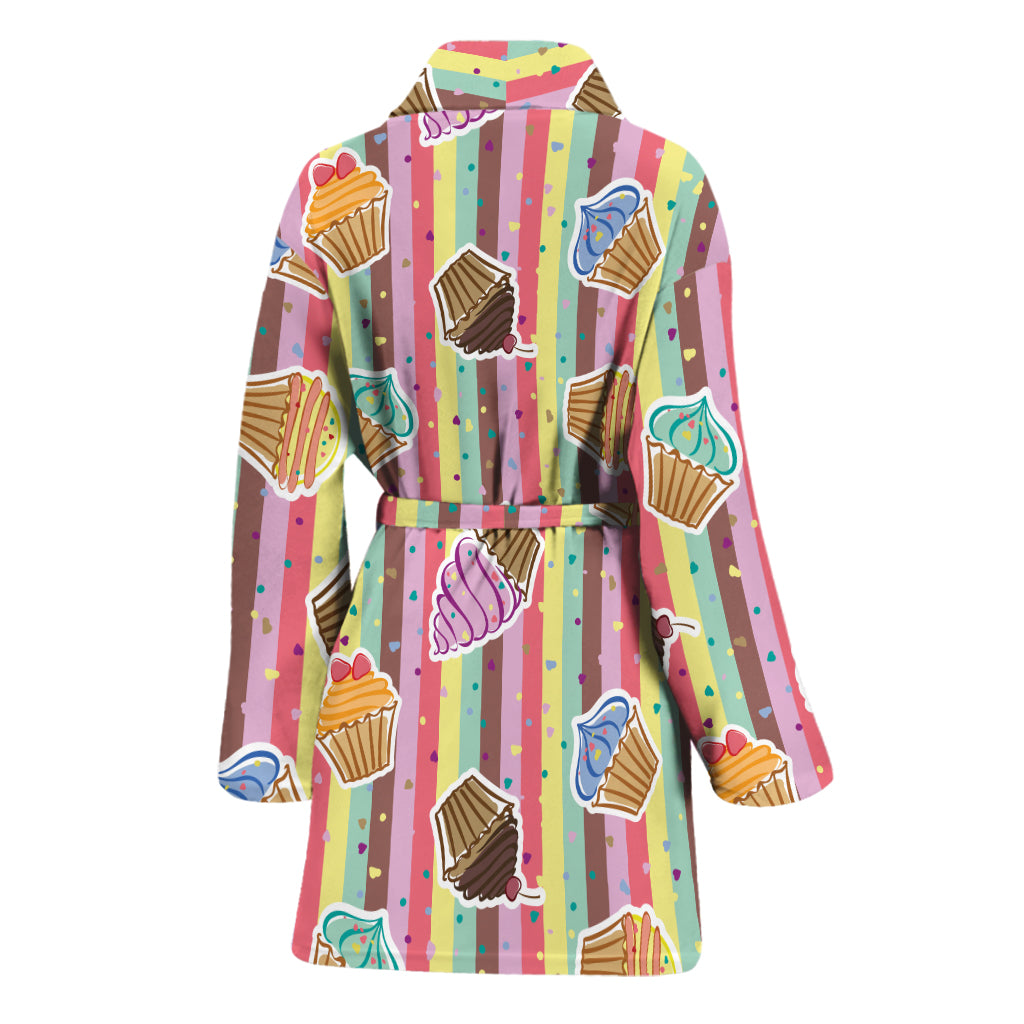 Pastel Striped Cupcake Pattern Print Women's Bathrobe