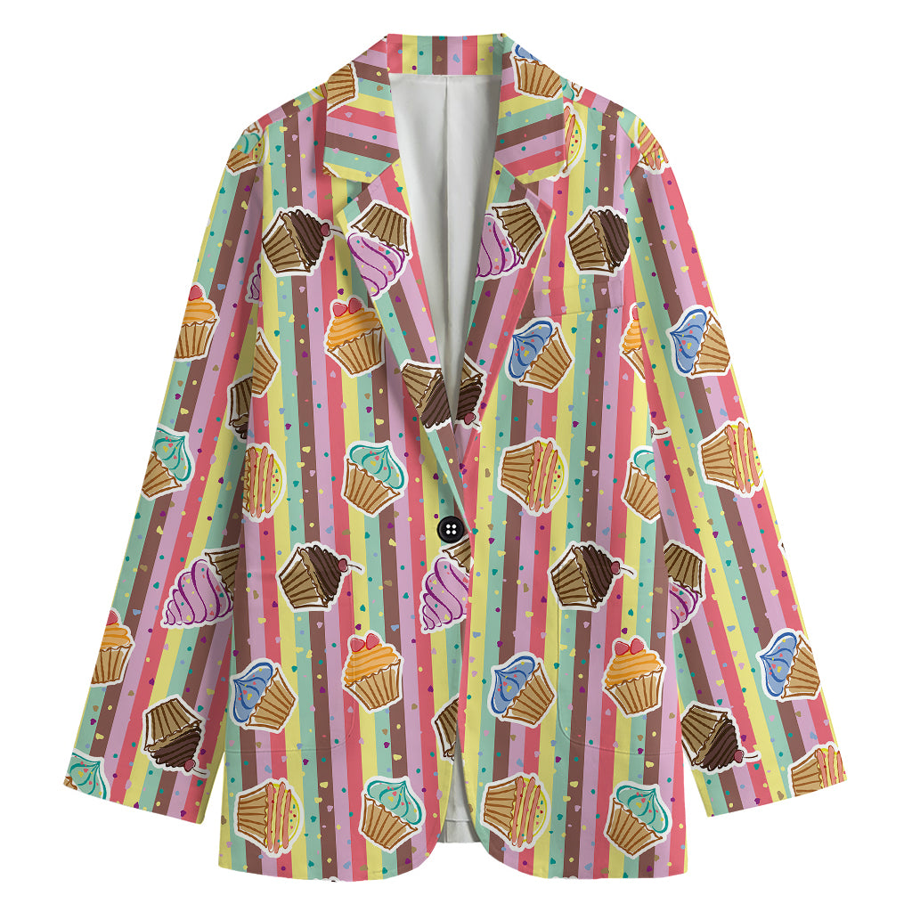 Pastel Striped Cupcake Pattern Print Women's Blazer
