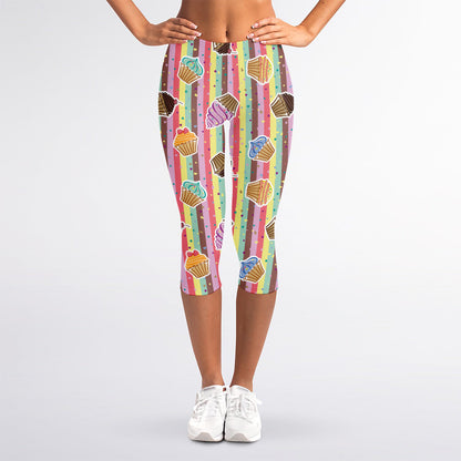 Pastel Striped Cupcake Pattern Print Women's Capri Leggings