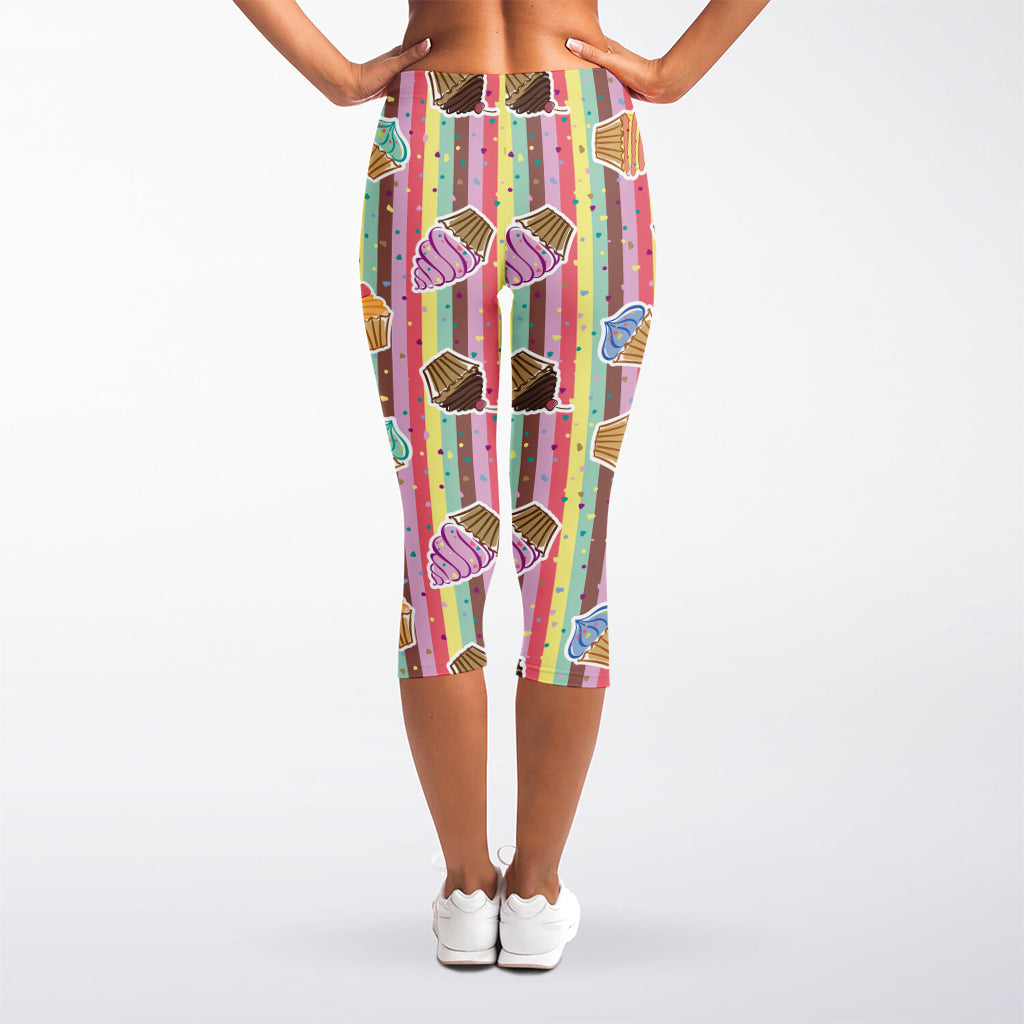 Pastel Striped Cupcake Pattern Print Women's Capri Leggings