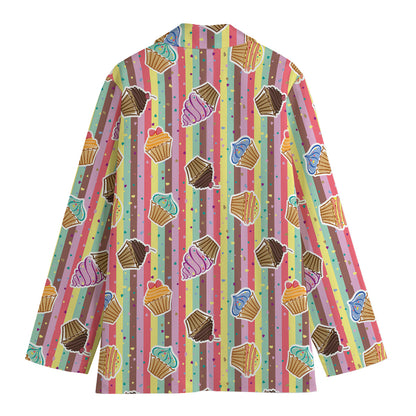 Pastel Striped Cupcake Pattern Print Women's Cotton Blazer