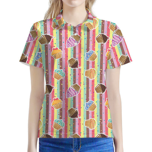 Pastel Striped Cupcake Pattern Print Women's Polo Shirt