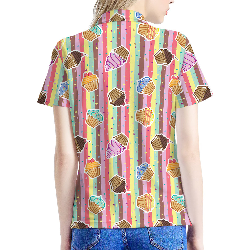 Pastel Striped Cupcake Pattern Print Women's Polo Shirt