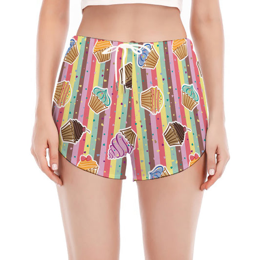 Pastel Striped Cupcake Pattern Print Women's Split Running Shorts