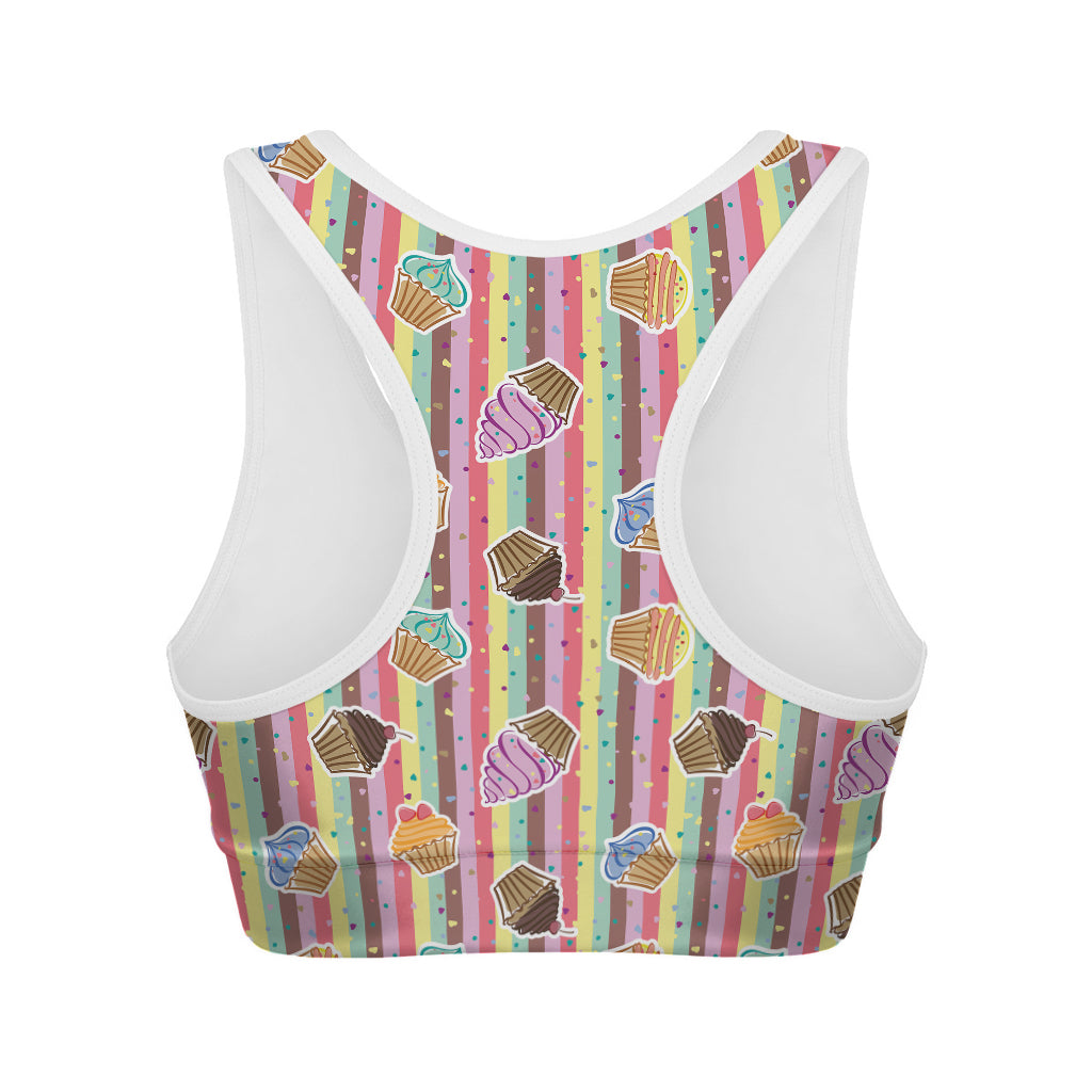 Pastel Striped Cupcake Pattern Print Women's Sports Bra
