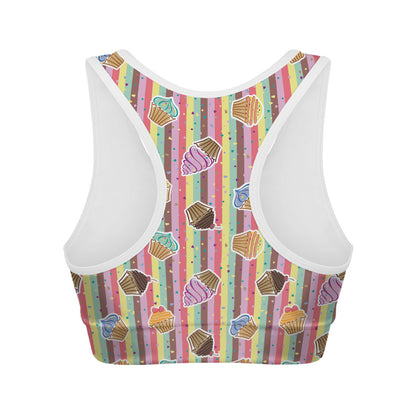 Pastel Striped Cupcake Pattern Print Women's Sports Bra