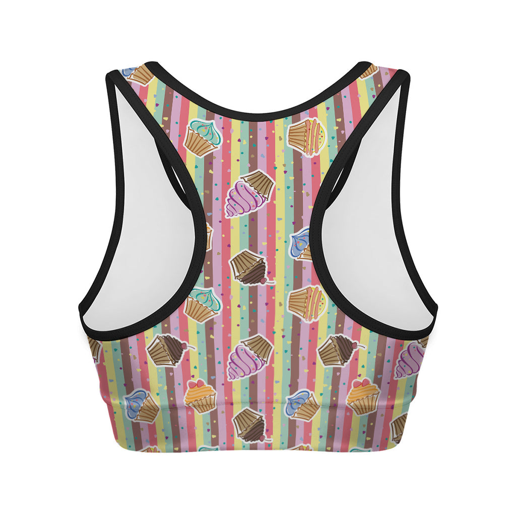 Pastel Striped Cupcake Pattern Print Women's Sports Bra