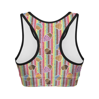 Pastel Striped Cupcake Pattern Print Women's Sports Bra