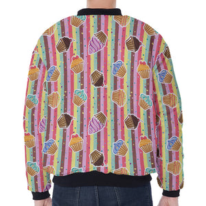 Pastel Striped Cupcake Pattern Print Zip Sleeve Bomber Jacket