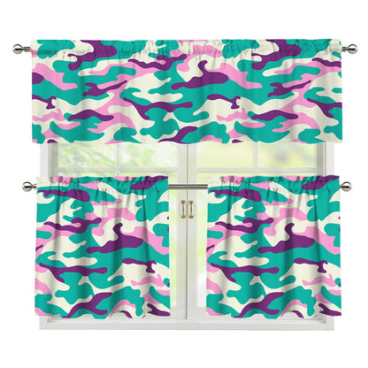 Pastel Teal And Purple Camouflage Print 3 Piece Kitchen Curtains