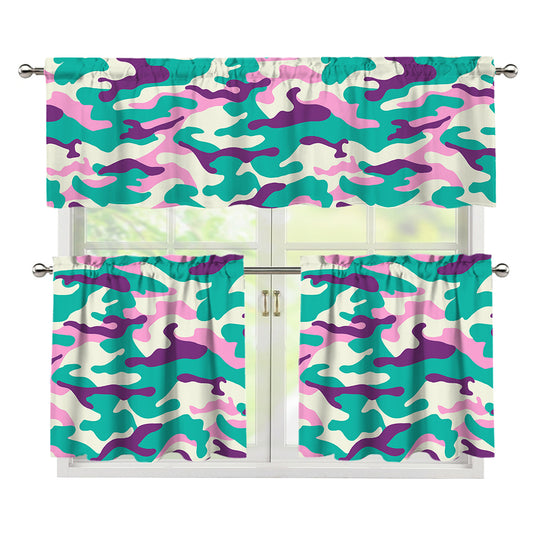 Pastel Teal And Purple Camouflage Print 3 Piece Kitchen Curtains