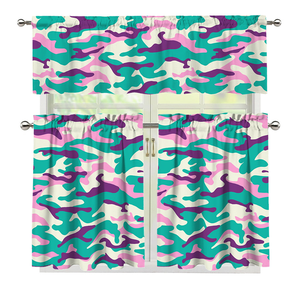 Pastel Teal And Purple Camouflage Print 3 Piece Kitchen Curtains